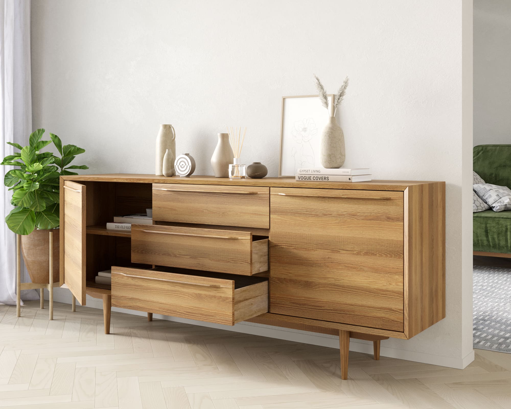 Комод из дерева "Bruni" с тремя ящиками и дверками