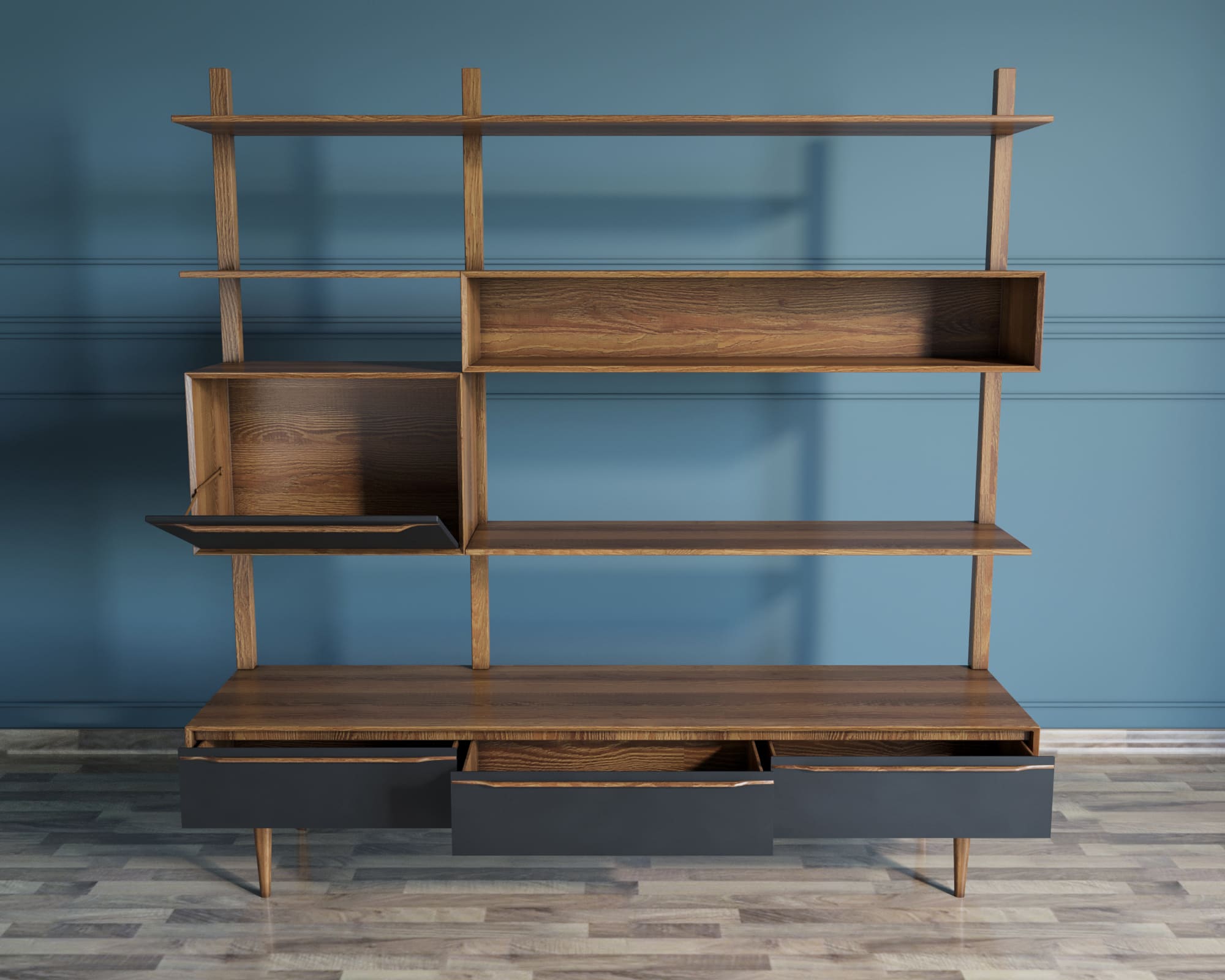 Стеллаж массив дерева "Bruni Black" с ящиками