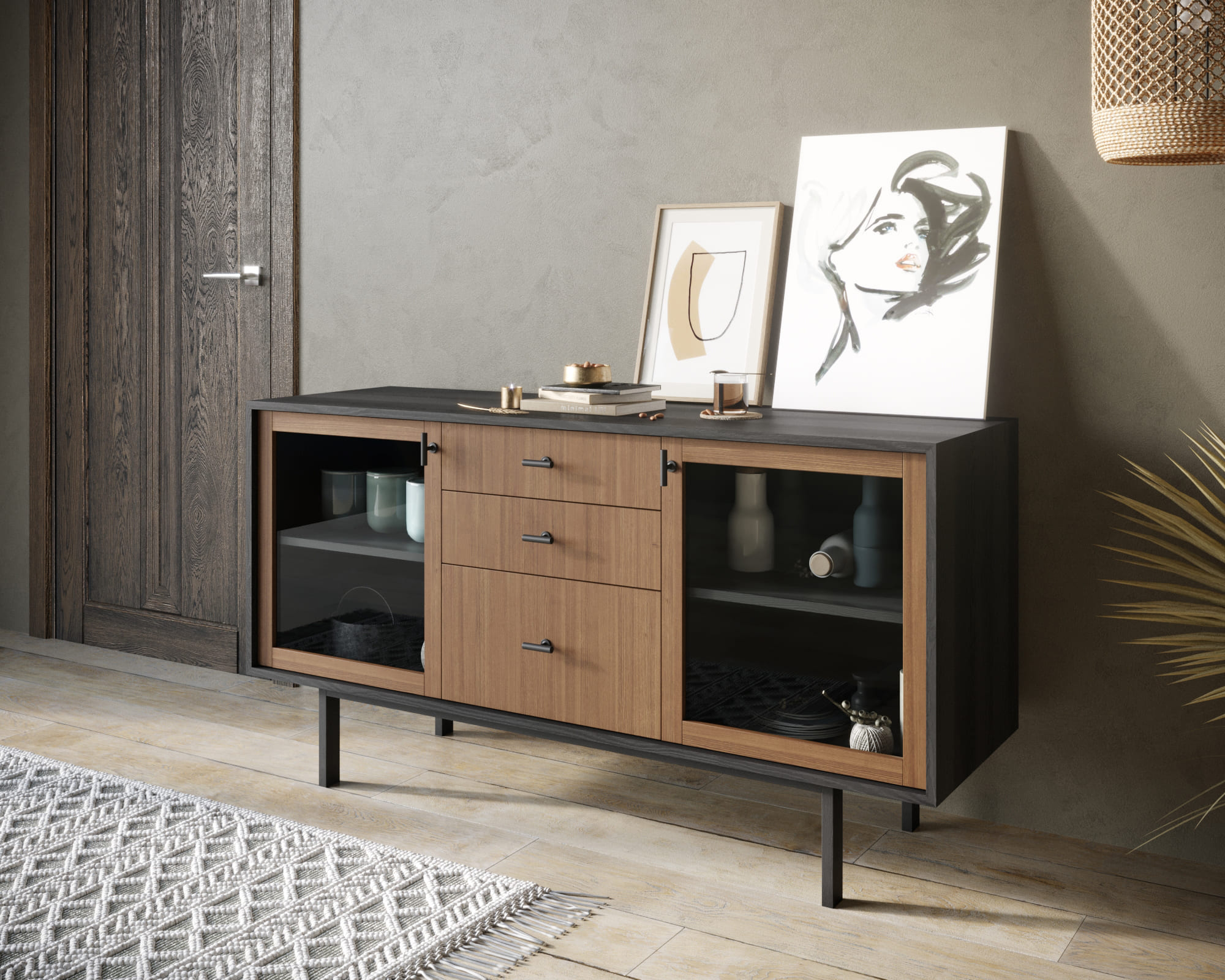 Комод две стеклянные дверки и три ящика "Emerson"