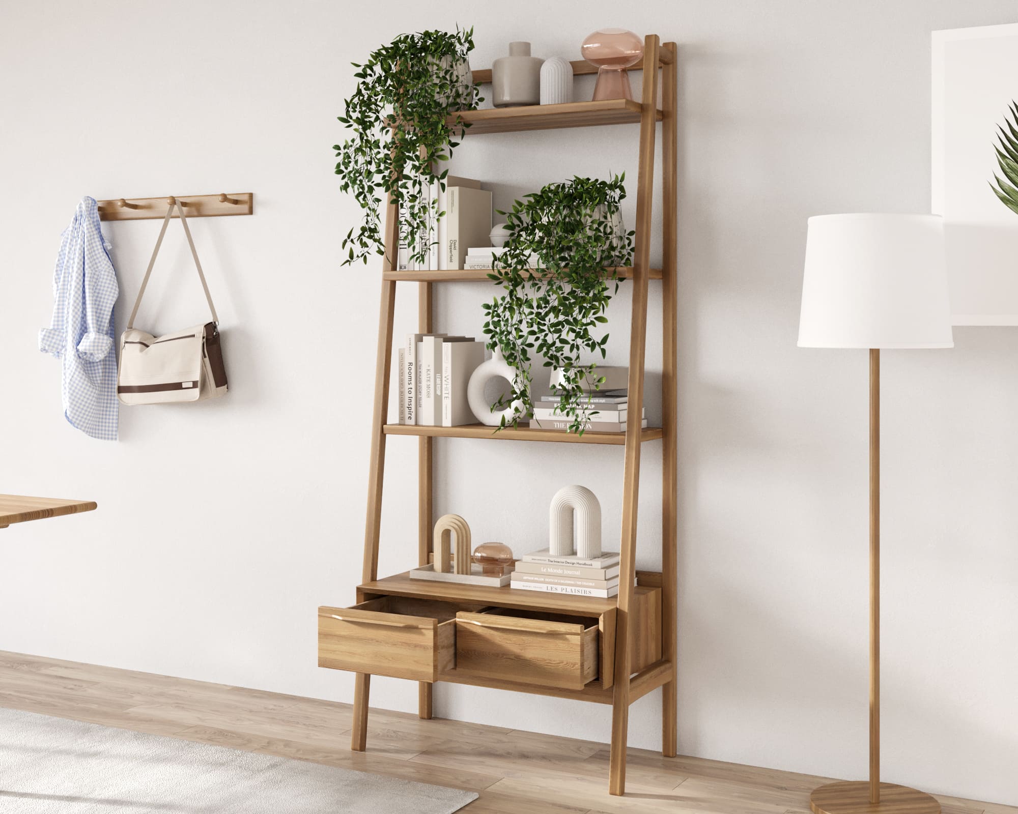 Узкий стеллаж из дерева "Bruni" с двумя ящиками